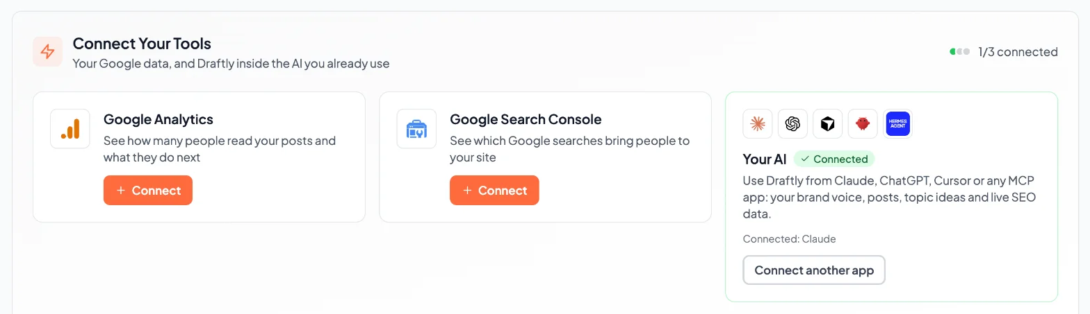 Draftly's Connect Your Tools panel: Google Analytics, Google Search Console and Your AI (connected to Claude), each with a Connect button