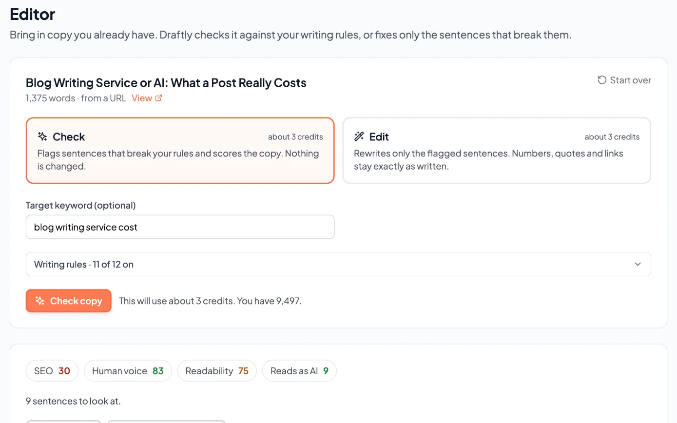 Draftly's Editor with the blog writing service page brought in from its URL (1,375 words), Check selected at about 3 credits, target keyword blog writing service cost, and the scores SEO 30, Human voice 83, Readability 75 and Reads as AI 9