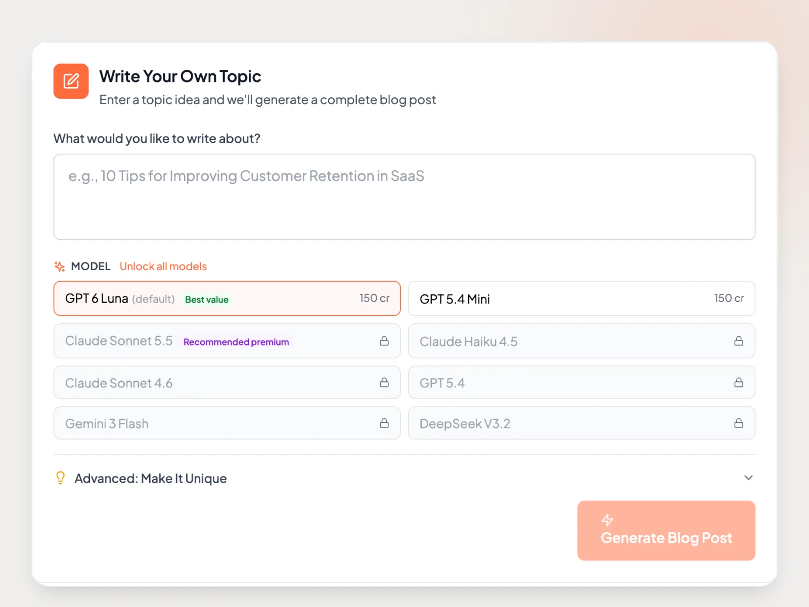 Draftly's Write Your Own Topic screen with a topic box and a model picker: GPT 6 Luna (default), GPT 5.4 Mini, Claude Sonnet 5.5, Claude Haiku 4.5, Claude Sonnet 4.6, GPT 5.4, Gemini 3 Flash and DeepSeek V3.2