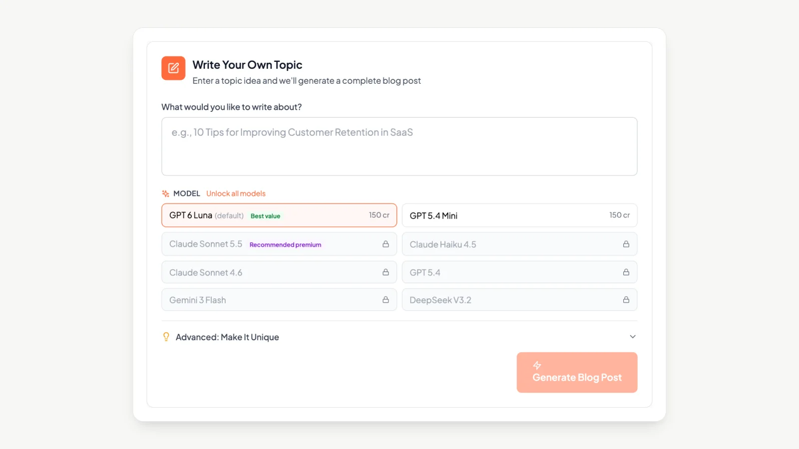 Draftly's Create Blog Post screen with a model picker listing GPT, Claude, Gemini and DeepSeek models and their credit cost