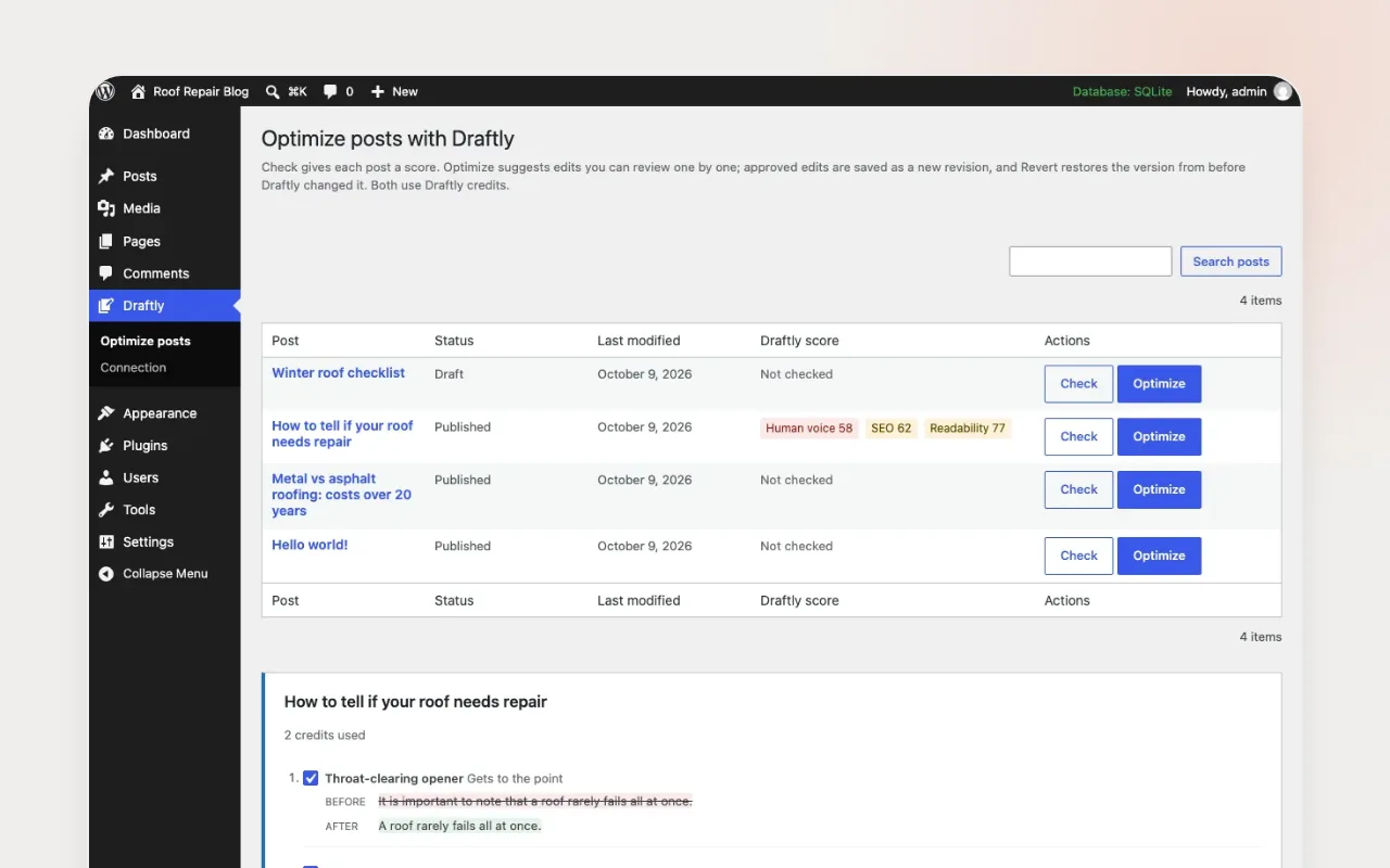 The Draftly plugin inside WordPress suggesting edits to a post, each with Approve and Skip buttons
