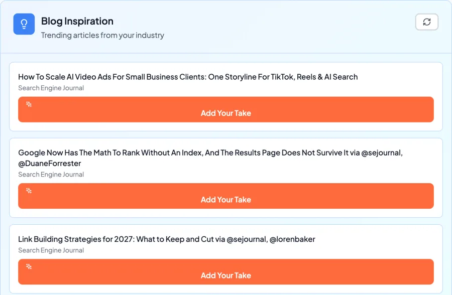 Draftly's Blog Inspiration panel listing trending industry articles from Search Engine Journal, each with an Add Your Take button