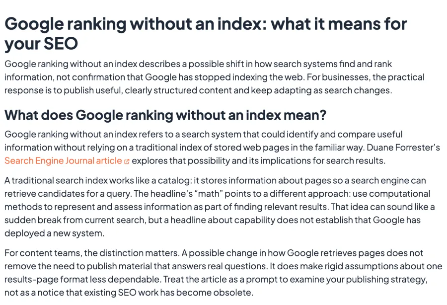 A Draftly draft titled Google ranking without an index: what it means for your SEO, with question-style subheadings and a linked source