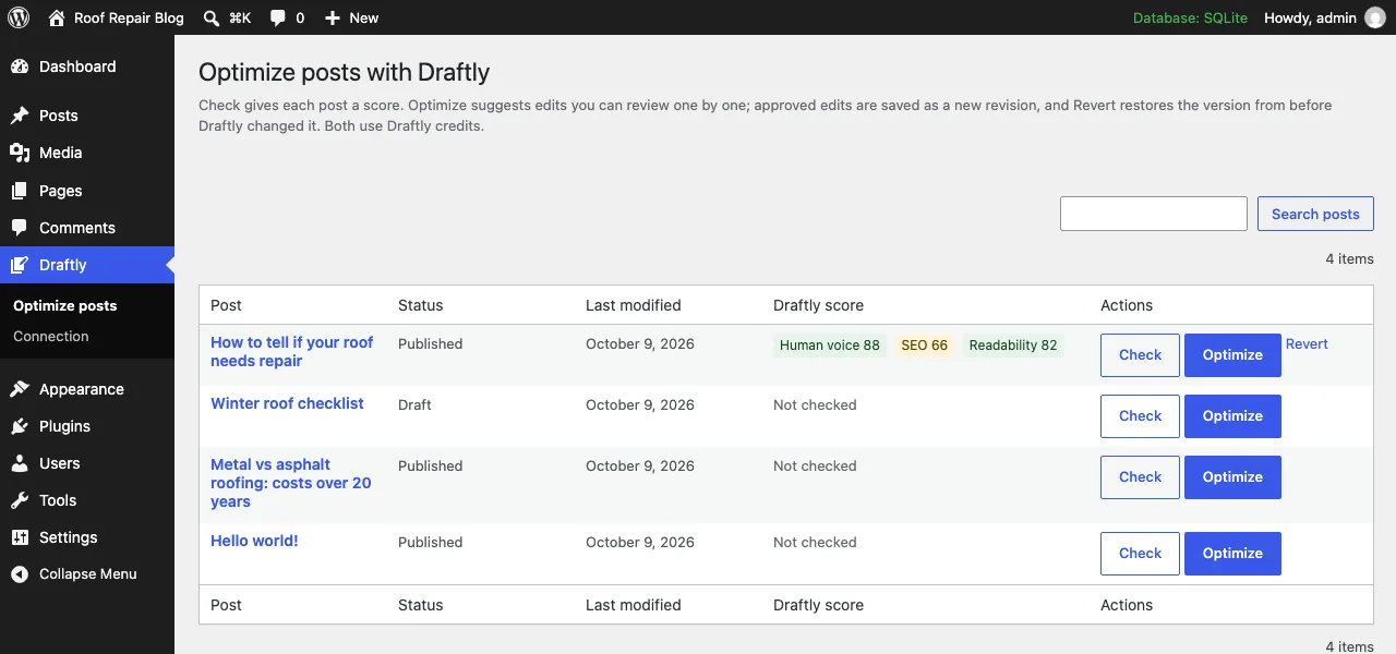 The Optimize posts list after approval: How to tell if your roof needs repair now shows Human voice 88, SEO 66 and Readability 82, with a Revert link beside it