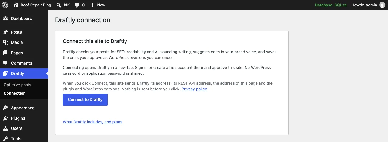 The Draftly > Connection screen in WordPress admin with a Connect to Draftly button and a note listing what the site sends to Draftly when you click it